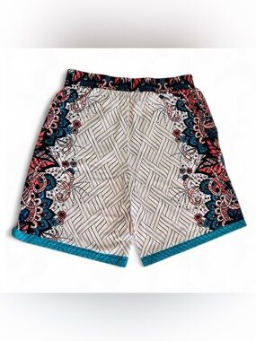 Boho Tribal Mandala Athletic Festival Shorts Geometric Print Teal Border Size S
